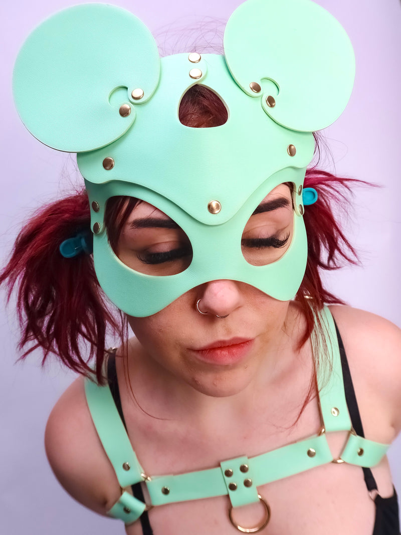 Female model wearing our Minty Bonnie Mouse Mask with our Minty Cooper Chest Harness.