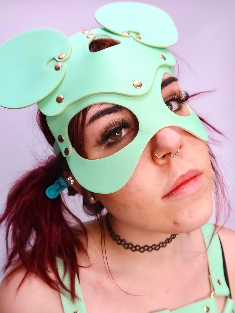 Female model wearing our Minty Bonnie Mouse Mask with our Minty Cooper Chest Harness.