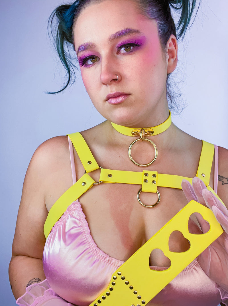 Iconic_cooper_yellow_Faux Vegan Leather_festival_chest body harness_Lolli Wraps_Australia
